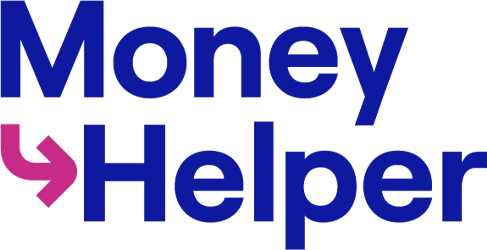 Money Helper Logo - blue text with a pink arrow on a white background